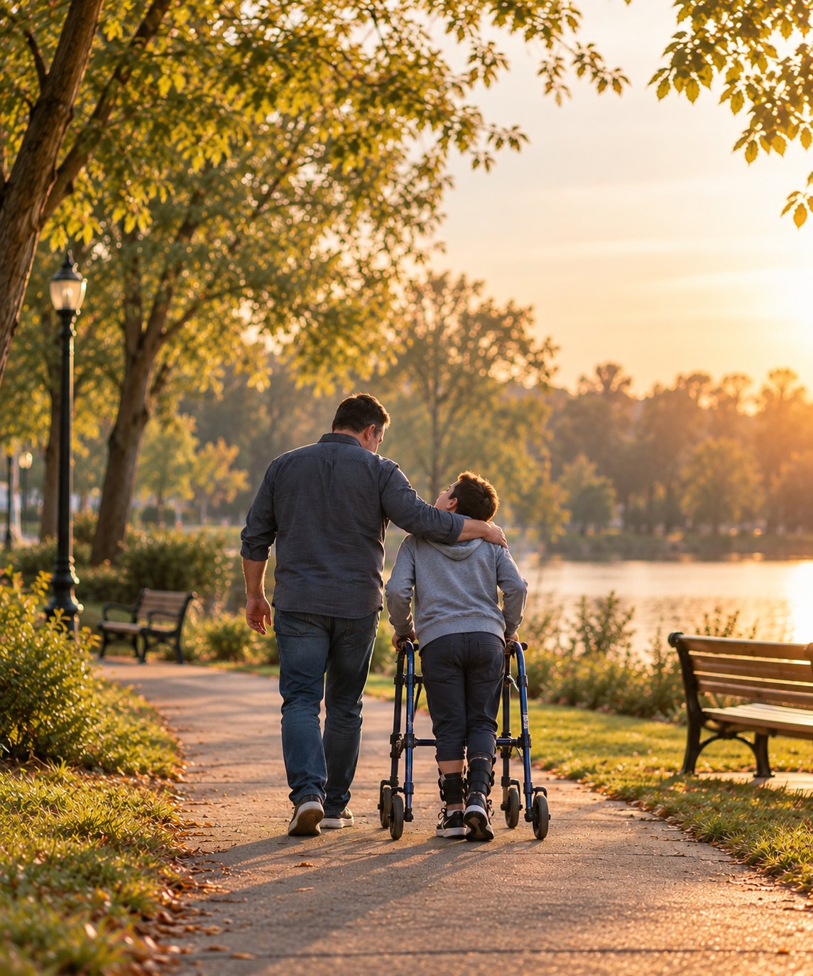 Father walking arm-in-arm with his son, who uses a wheeled walker, along a lakeside path at sunset