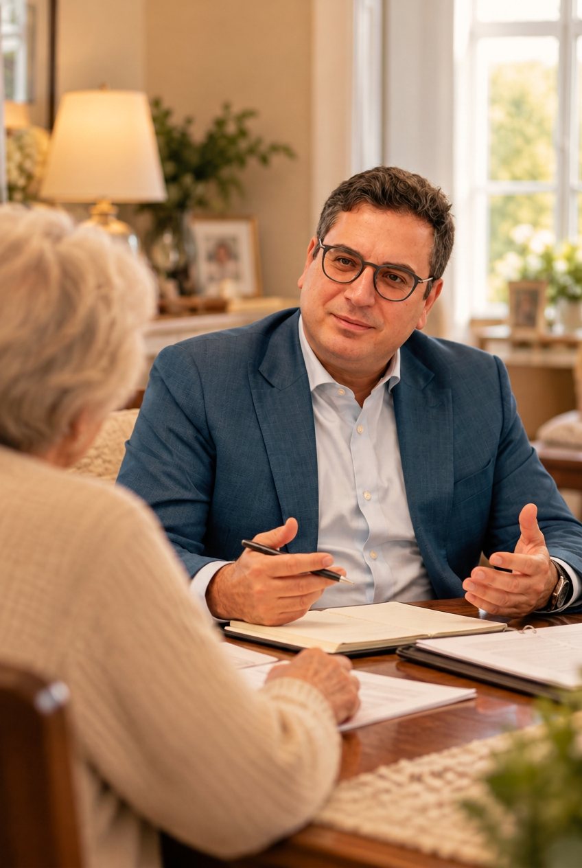 Attorney reviewing a will and trust plan with a client