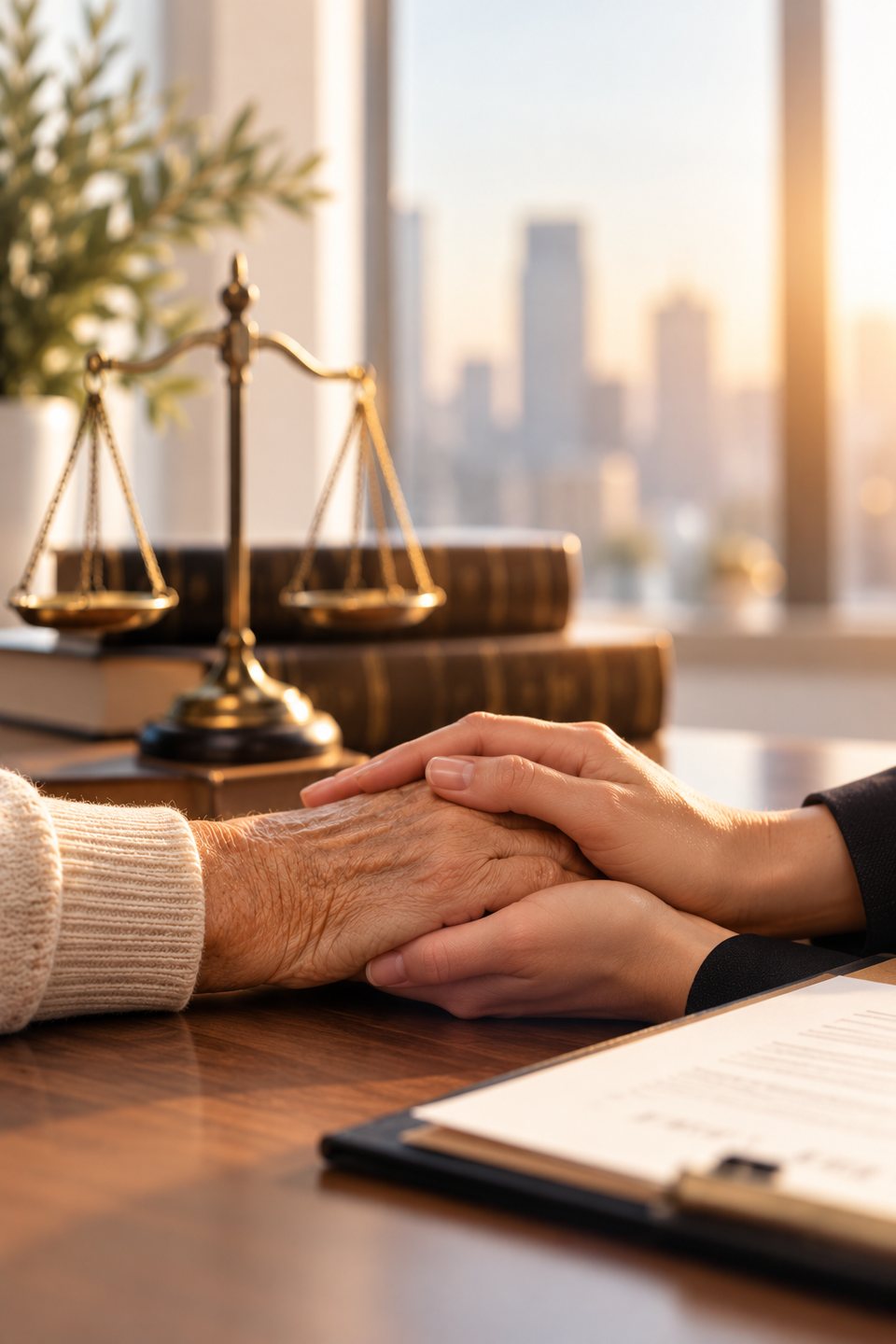Attorney holding an older client's hand across a desk beside a scale of justice