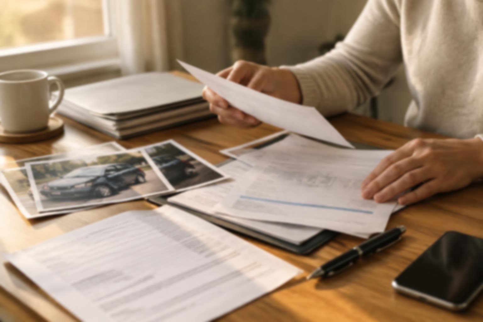 Hands organizing accident photos, medical bills and claim paperwork on a desk
