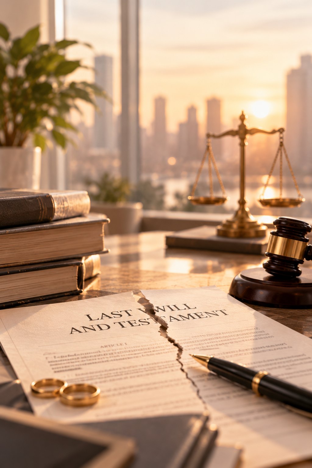Torn Last Will and Testament document with wedding rings on a desk at sunset